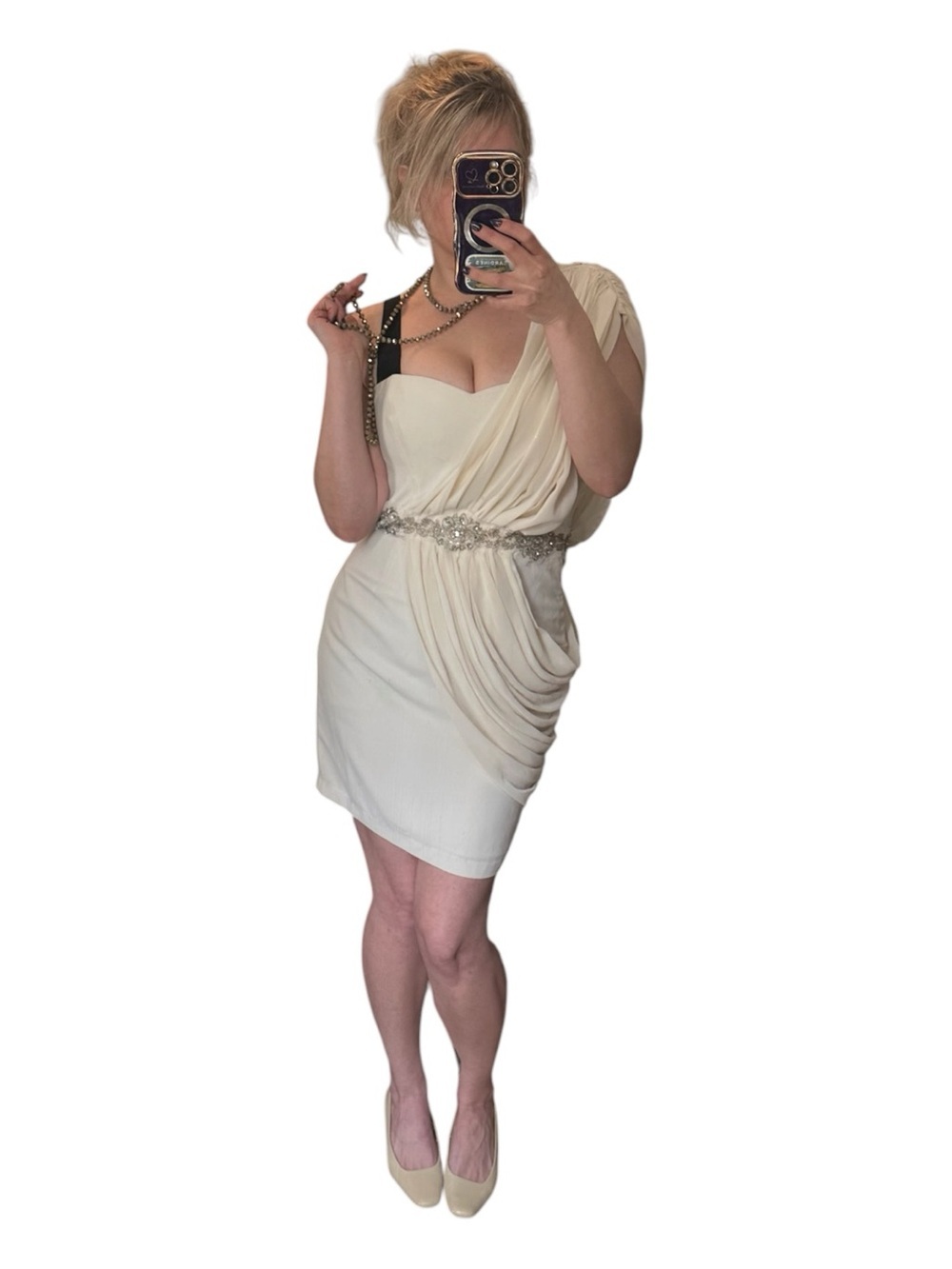 NWT* Pearl Cream Draped One-Shoulder Cocktail Dress with Embellished Waist 4
